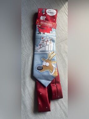 Holiday Reindeer Novelty Tie - Red and Light Blue